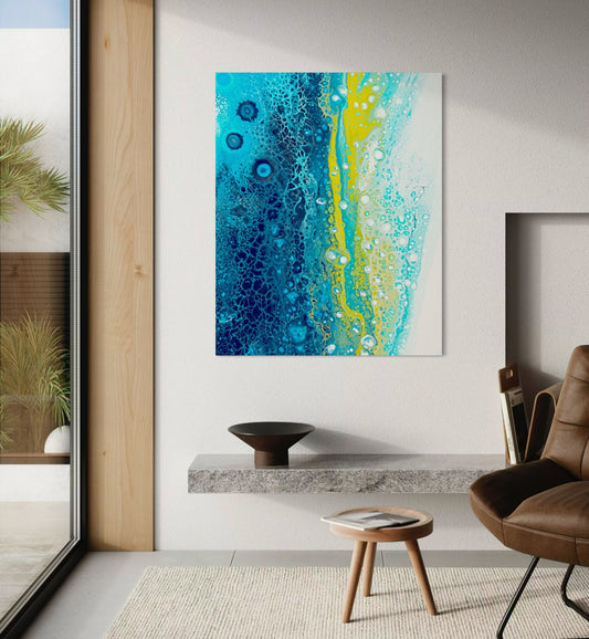 Rising Current immerses the viewer in a dynamic interplay of movement, depth, and light. The composition flows with a vibrant palette of turquoise, deep ocean blue, and radiant yellow, evoking both the turbulence and serenity of water in motion. Cellular textures ripple across the surface, reminiscent of coral structures, bubbles, and shifting currents beneath the sea.