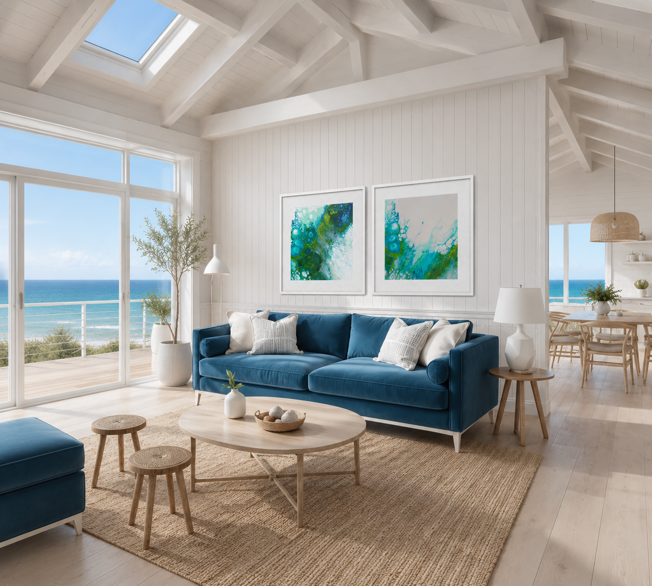 Modern living room with blue sofa, ocean view, and abstract art