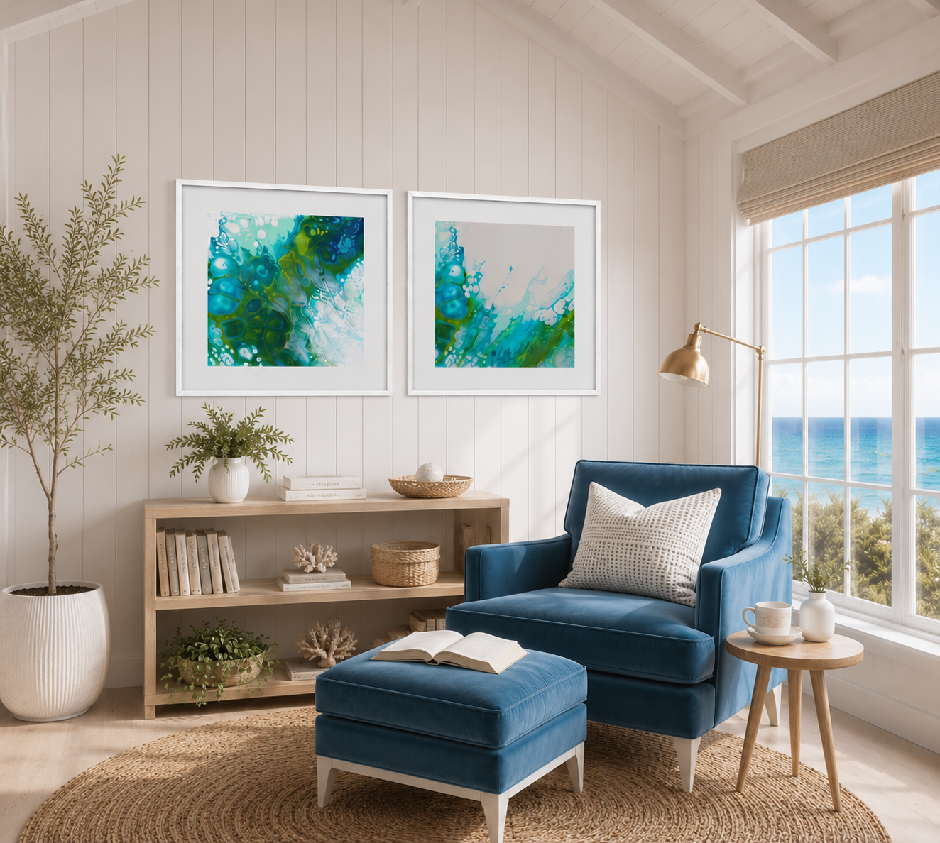 Modern living room with blue armchair, ottoman, and ocean view