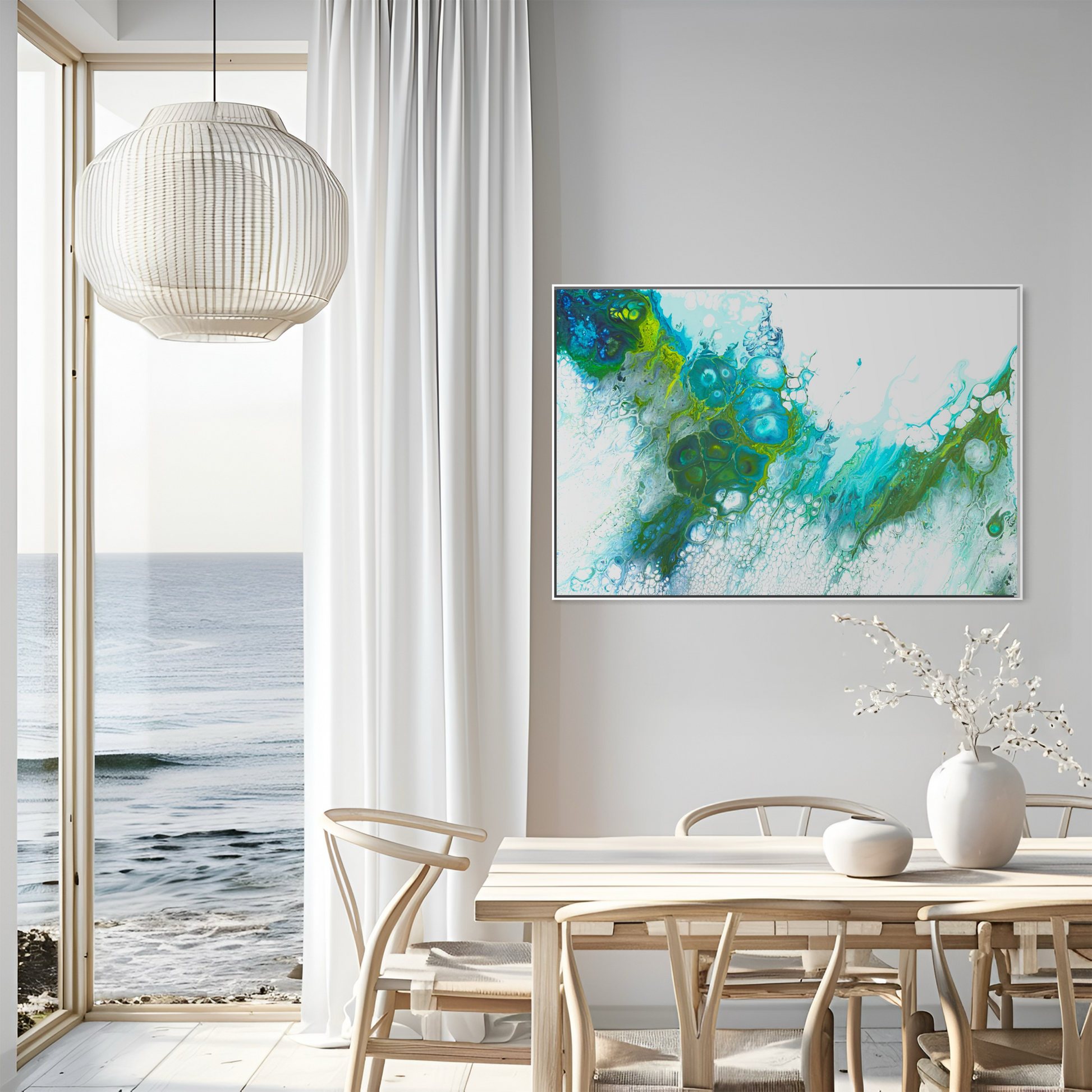 Blue and Green Abstract Wave Art in white frame