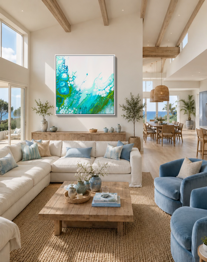 A large square abstract wall art print with teal, aqua, and green brushstrokes on a white background, displayed in a silver frame above a white sectional sofa in a bright, modern beach-style living room.