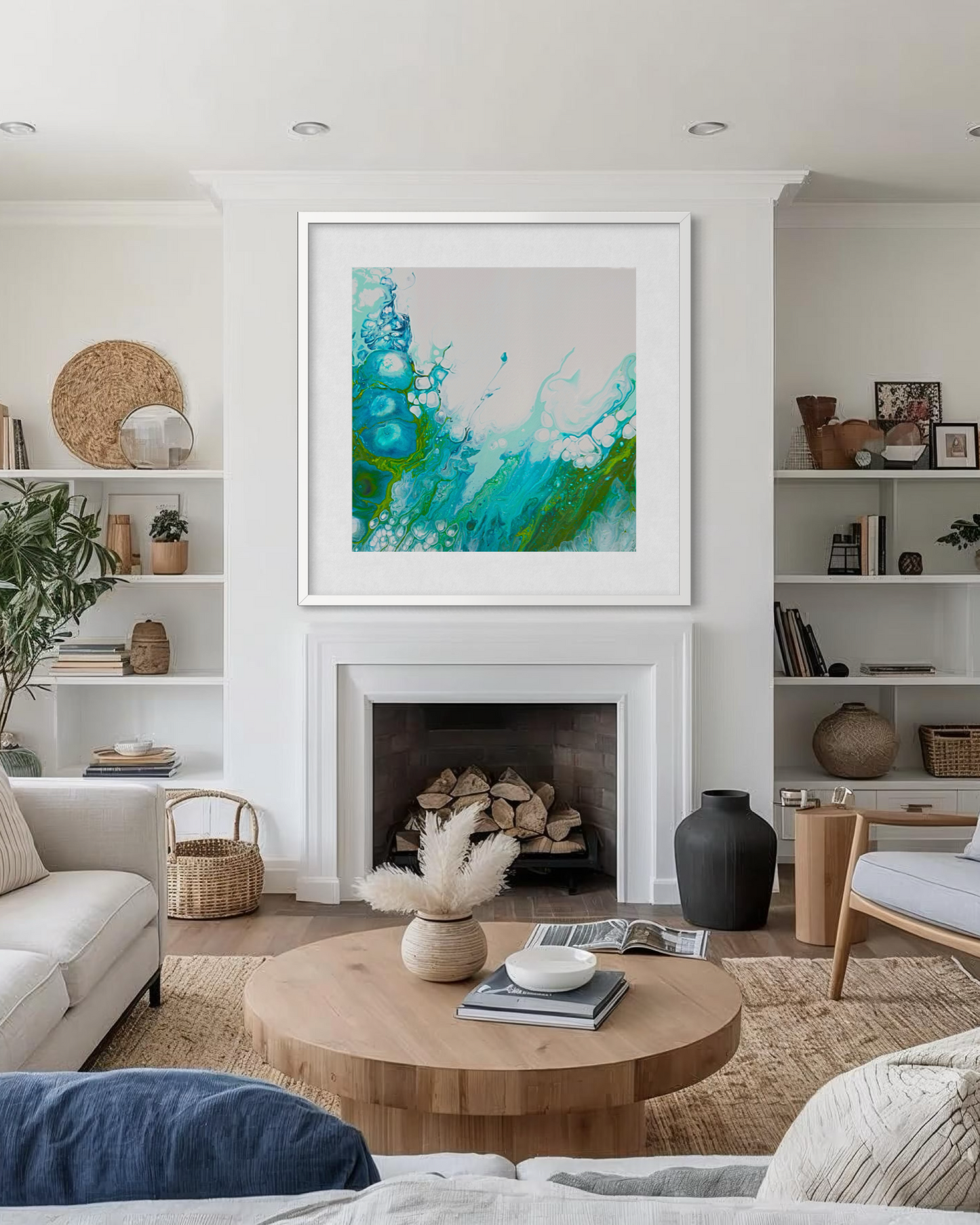 Colourful wall art in blue and green