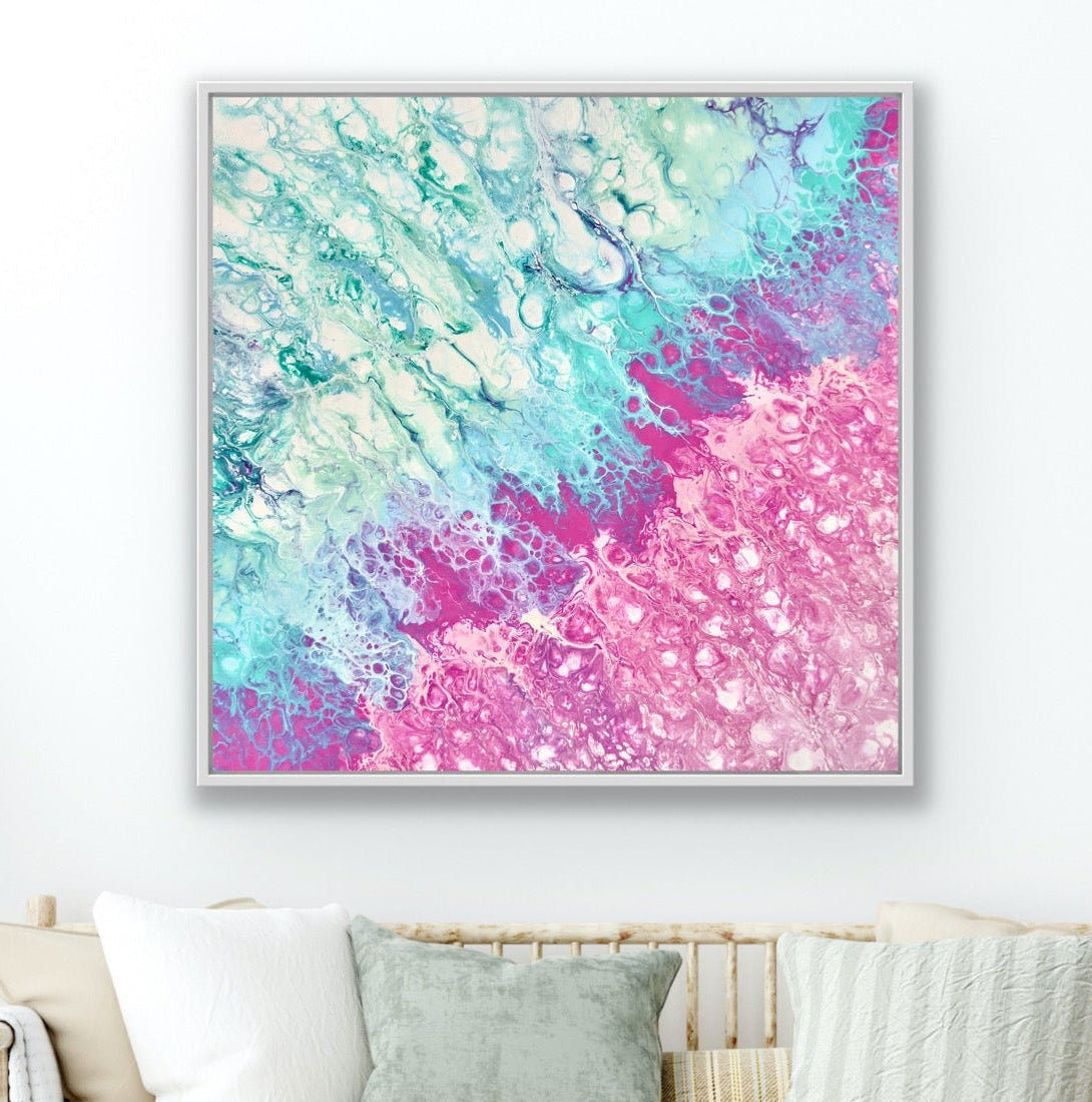 Colourful abstract acrylic painting in aqua, blue and pink