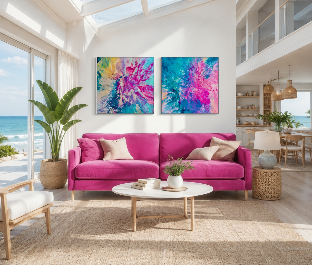Modern living room with a pink sofa, colorful abstract paintings, and a view of the ocean.