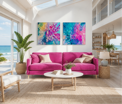 Modern living room with a pink sofa, colorful abstract paintings, and a view of the ocean.