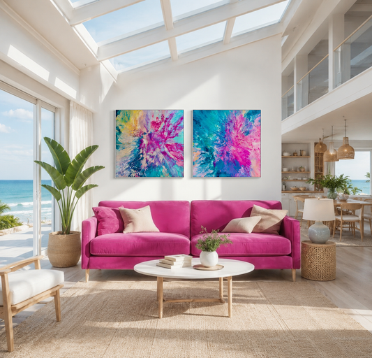 Modern living room with a pink sofa, colorful abstract paintings, and a view of the ocean.