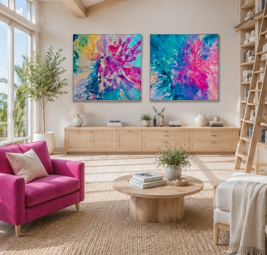 Modern living room with pink sofa, bookshelf, and colorful abstract paintings.