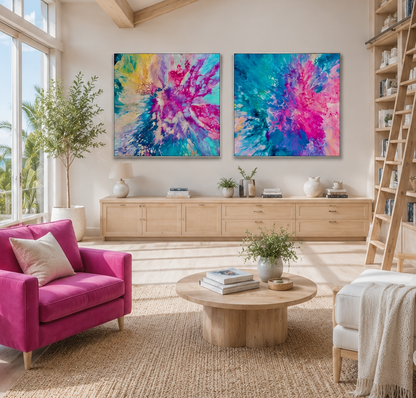 Modern living room with pink sofa, bookshelf, and colorful abstract paintings.