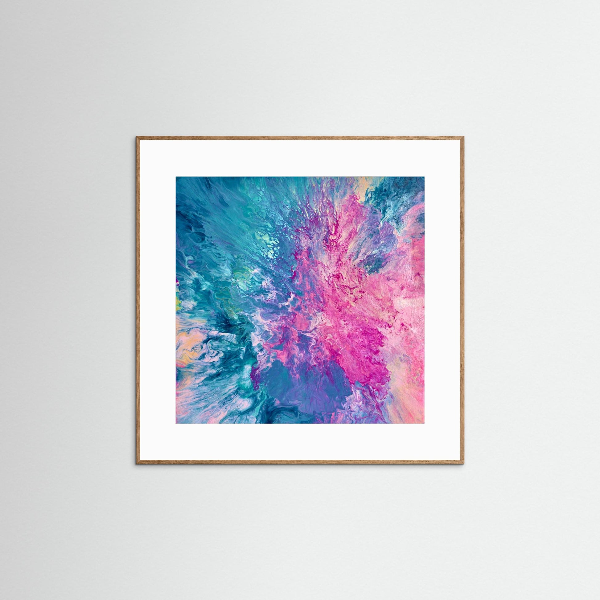 Colourful abstract acrylic fine art print in vibrant pinks and blues