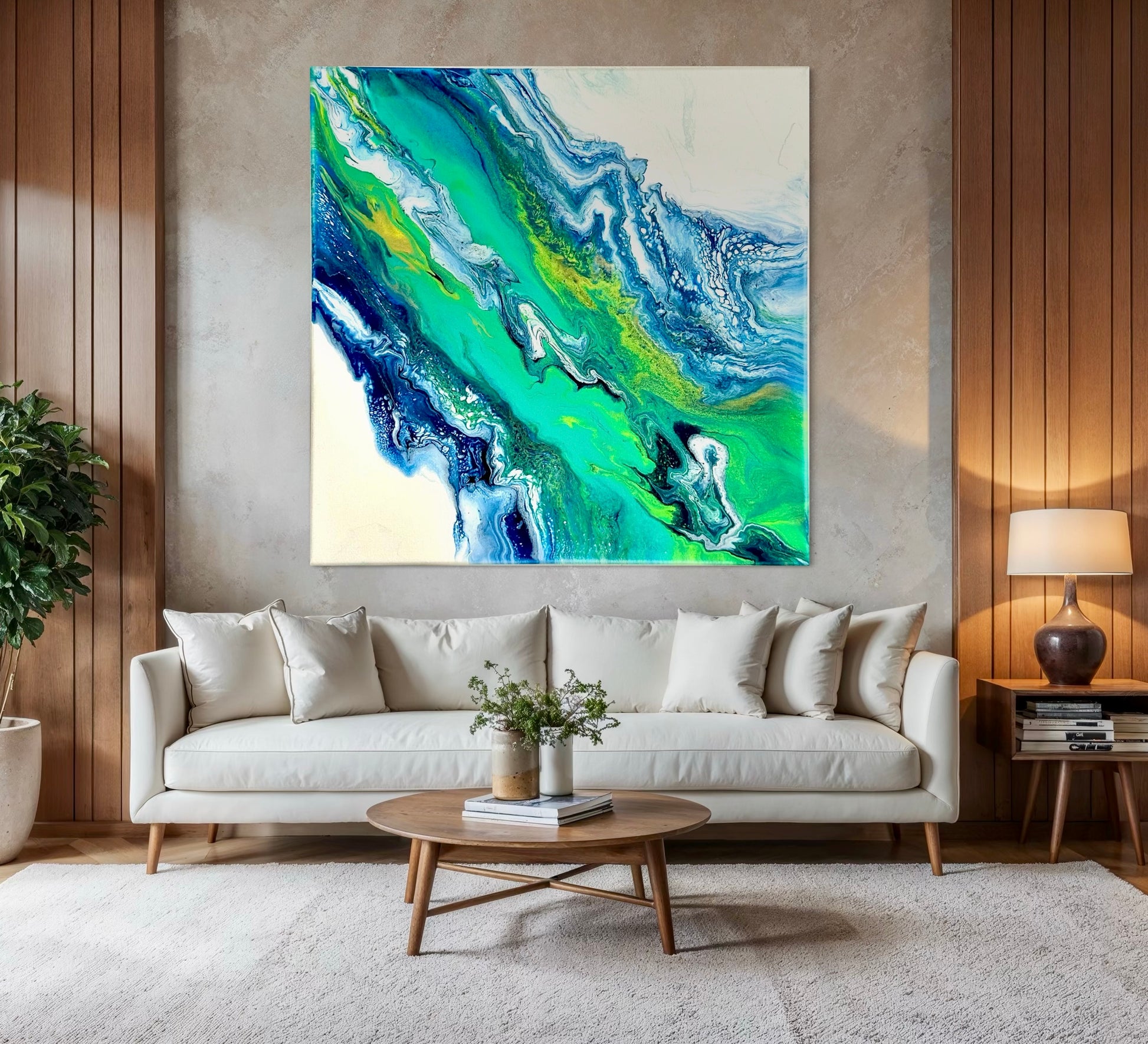 Modern Acrylic Canvas Print - Coastal Art in Blues & Greens.  Wave, Sea, Ocean.