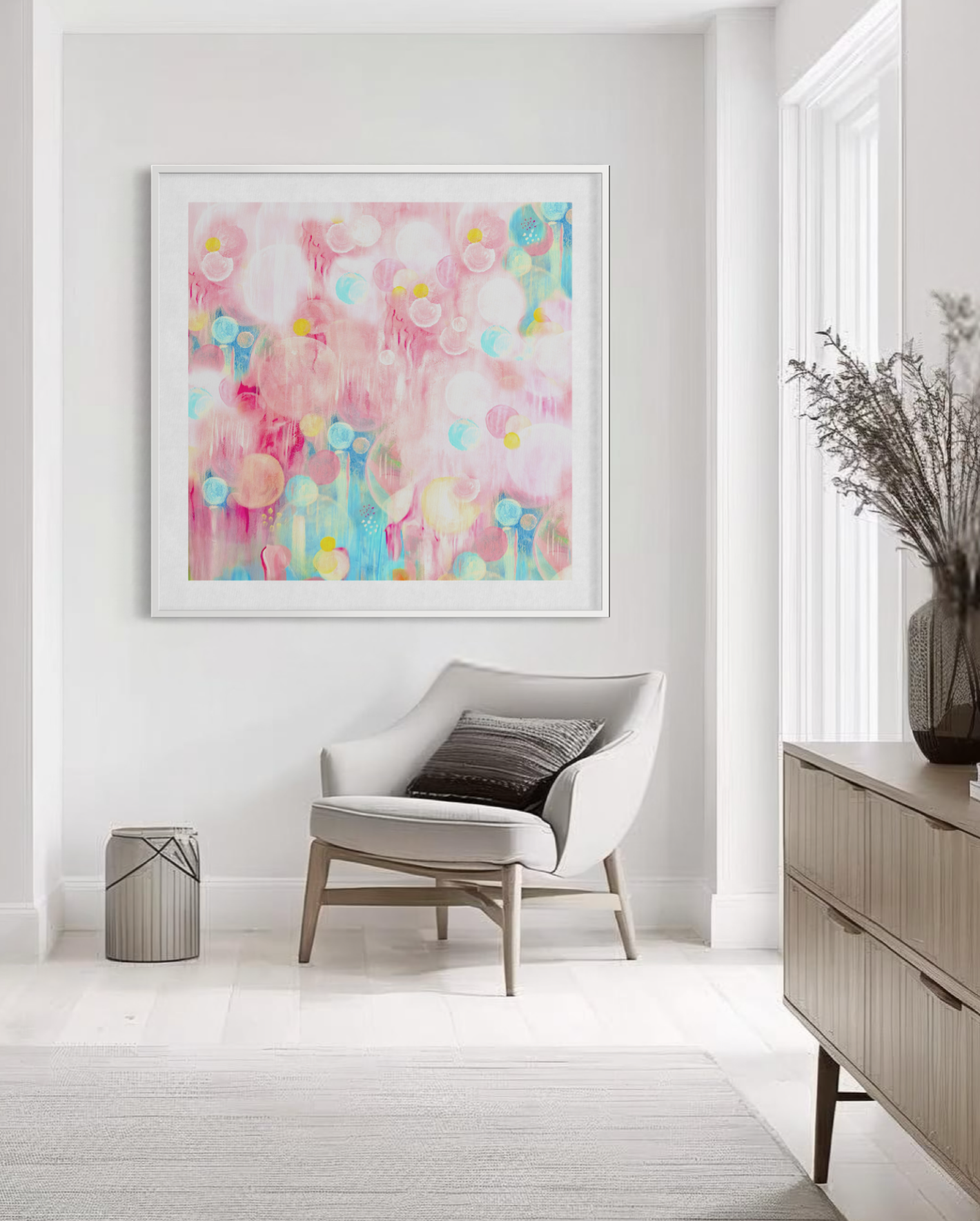 Colourful wall art in pink
