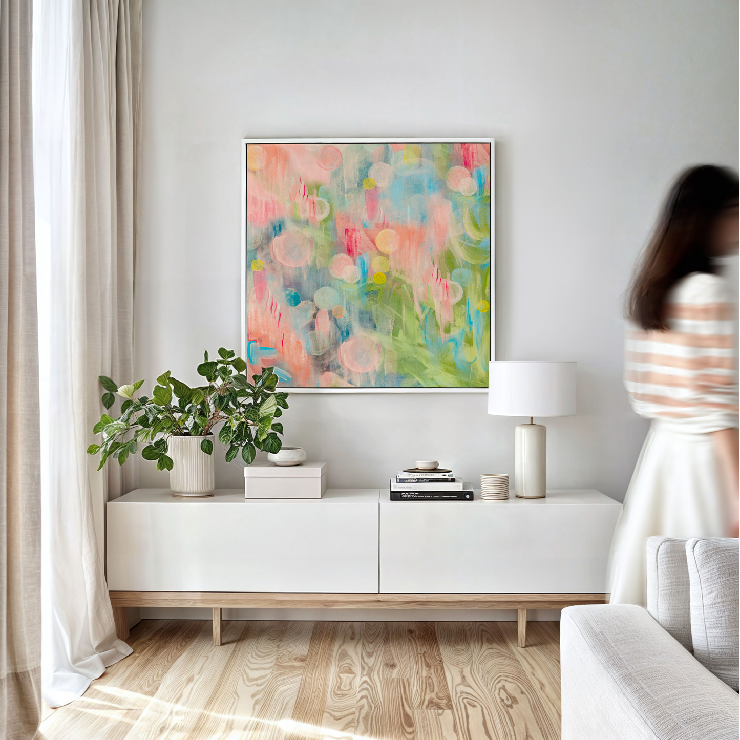 Colourful wall art in a white frame