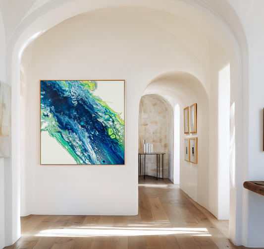 Coastal inspired wall art in blue, green and white