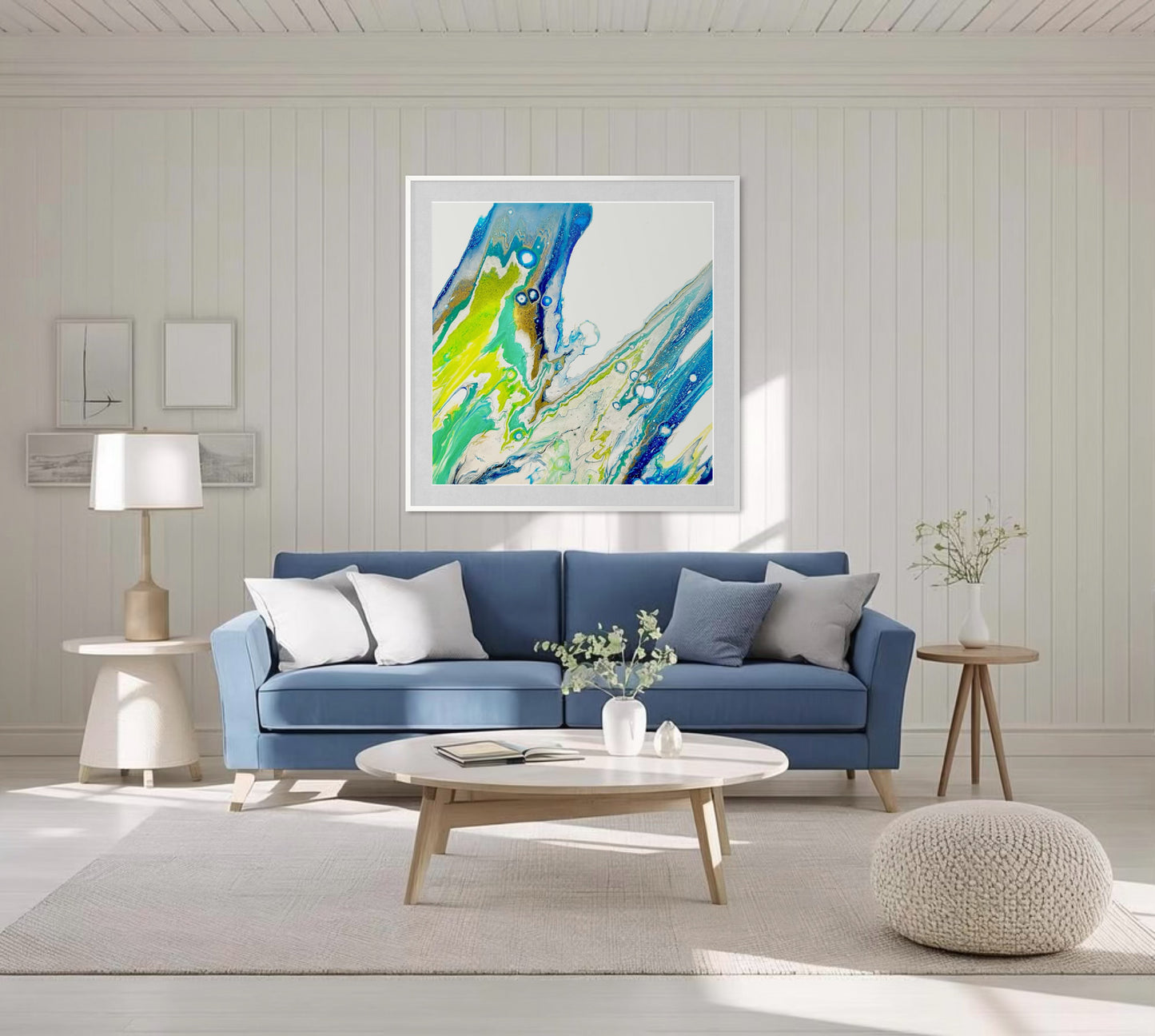 Colourful wall art in blue and green