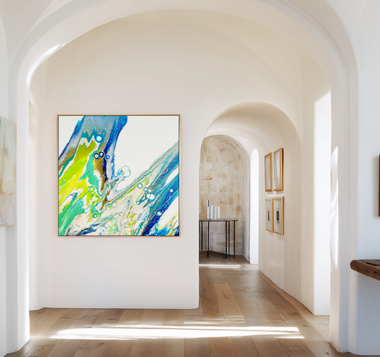 Blue and Green coastal seascape artwork in oak frame