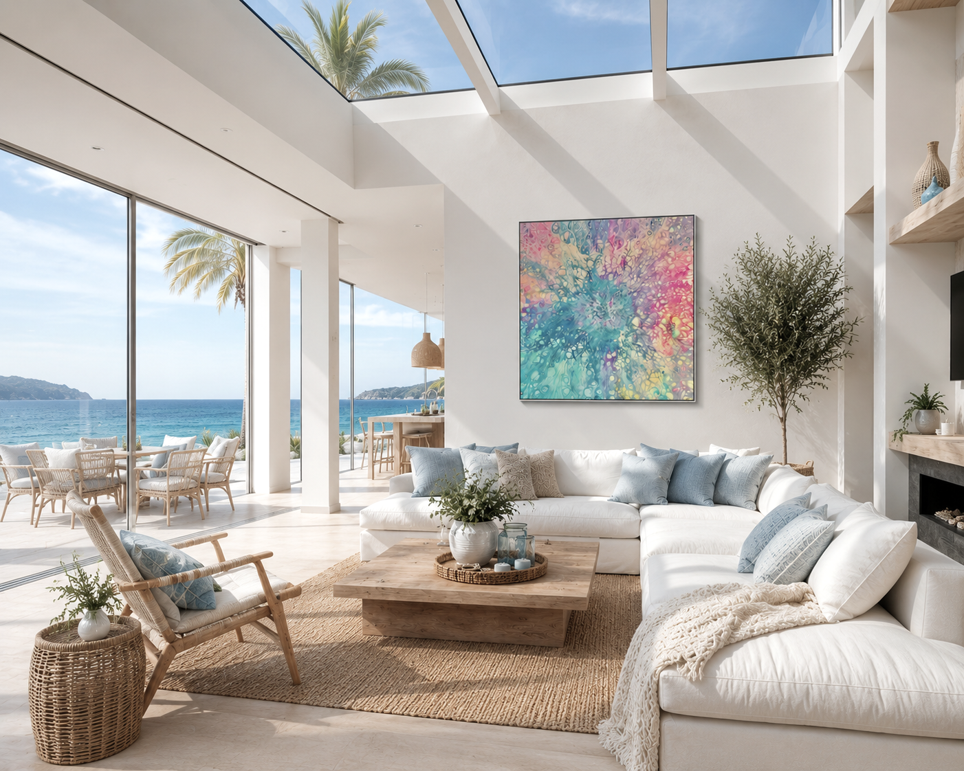 Modern living room with a colorful abstract painting, white sofa, and ocean view.