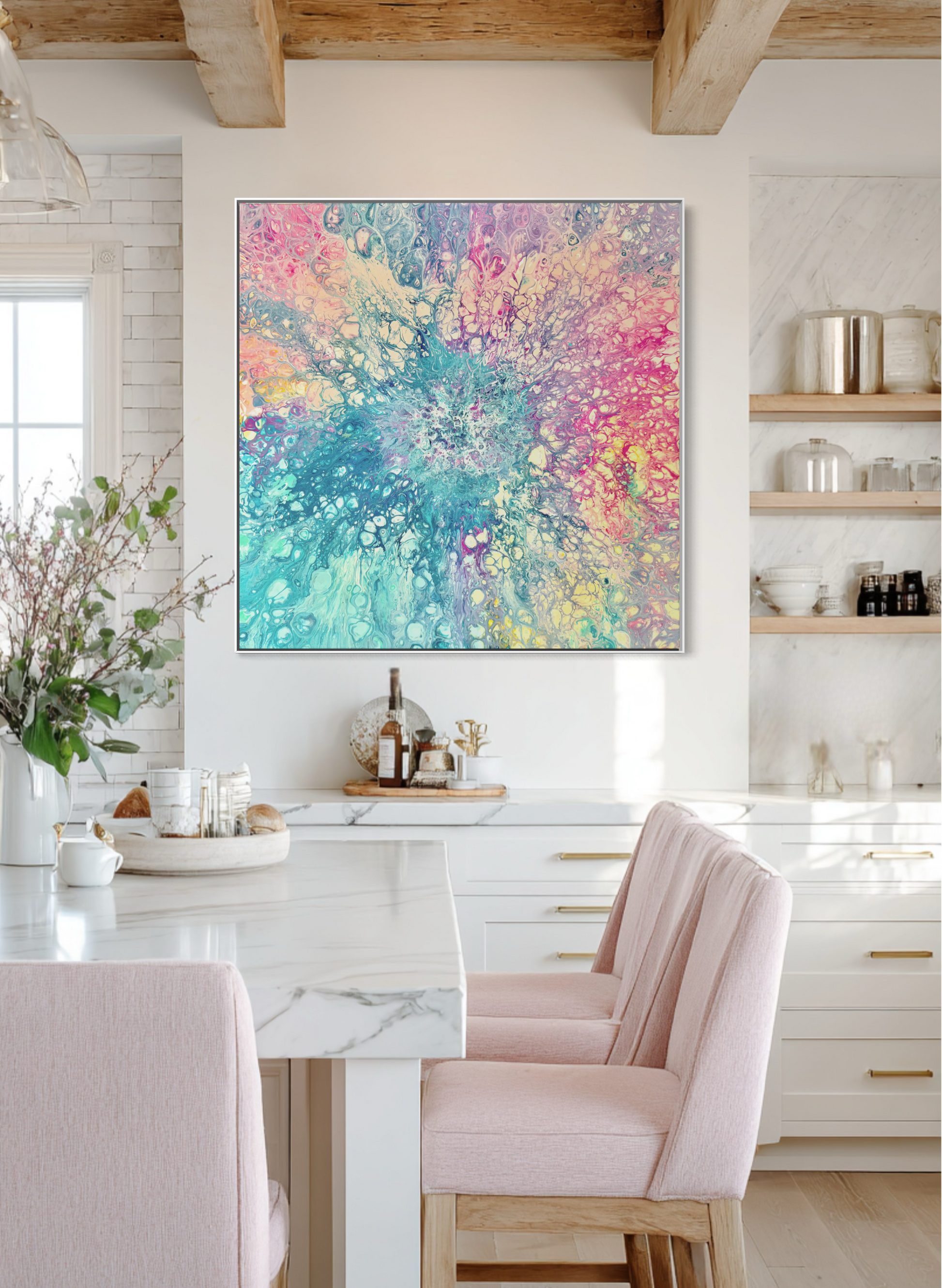 Pink art print in white frame