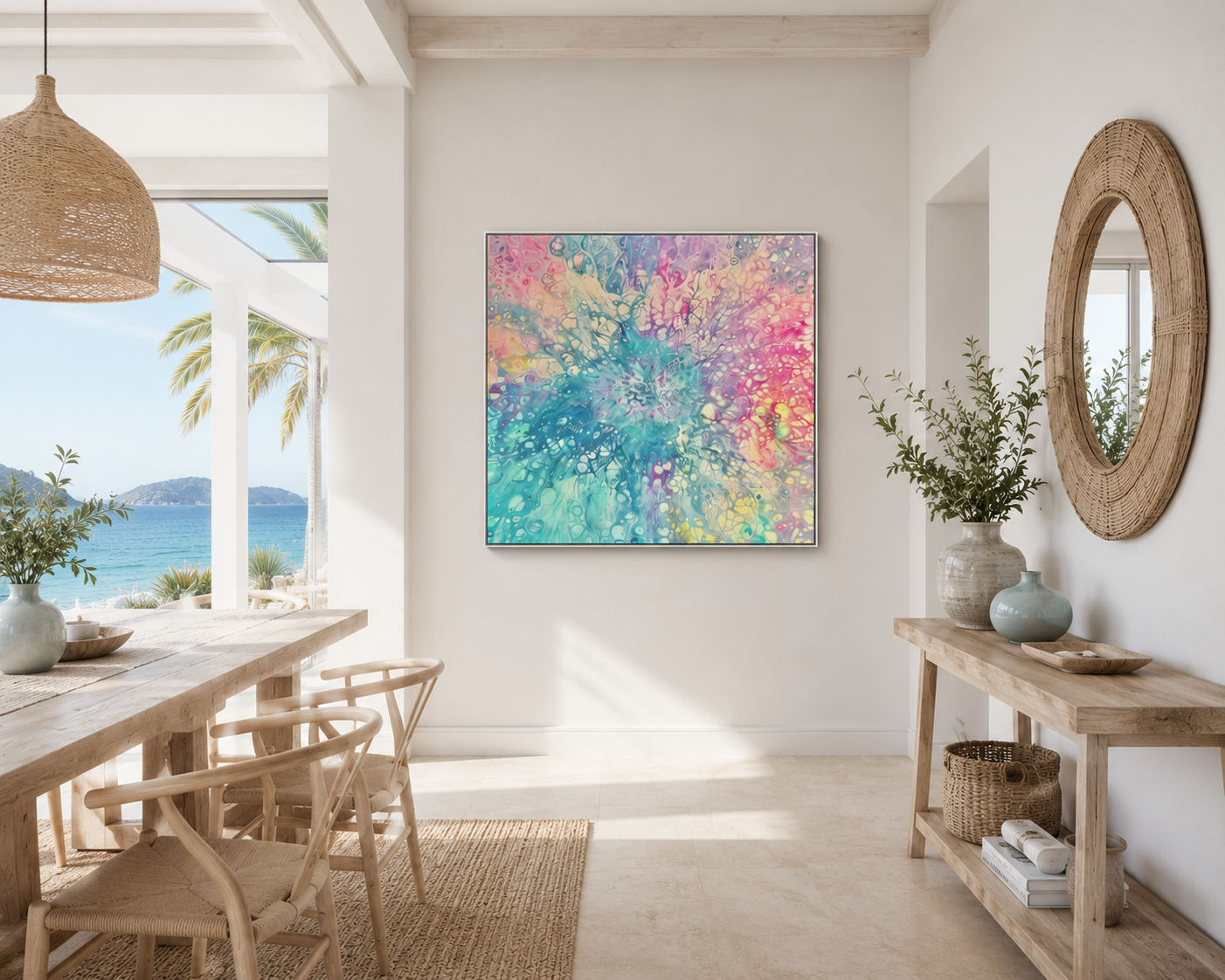 Modern interior with a colorful abstract painting on a white wall, wooden furniture, and a view of the ocean.