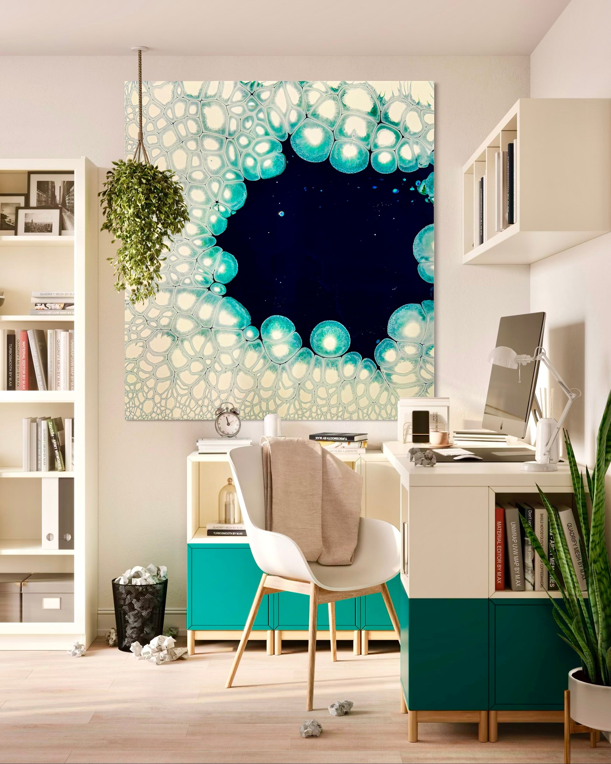 Modern Acrylic Canvas Print - Coastal Art in Blues & Greens.  Wave, Sea, Ocean, Sea Cells, Sea Foam