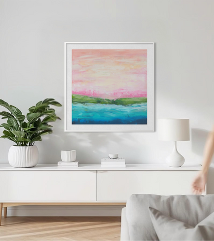 Pink Art Print in white room and white sideboard