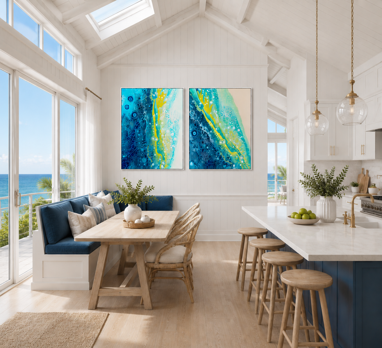 Modern kitchen and dining area with blue and yellow abstract art on the wall.