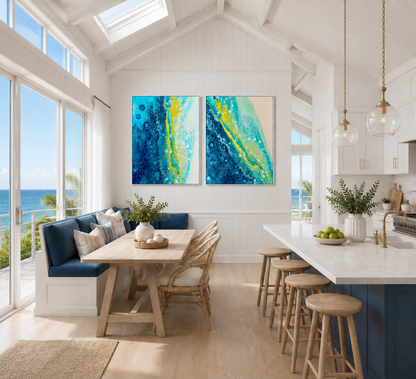 Modern kitchen and dining area with blue and yellow abstract art on the wall.