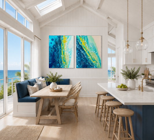 Modern kitchen and dining area with blue and yellow abstract art on the wall.