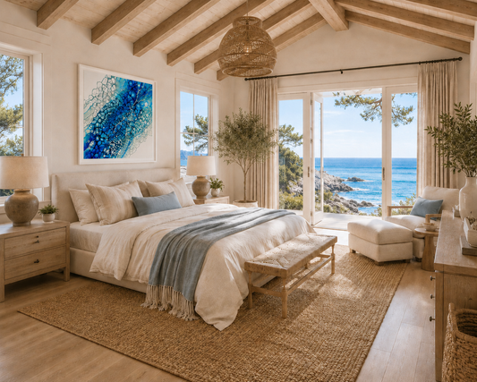 Luxurious bedroom with ocean view, wooden beams, and large windows.