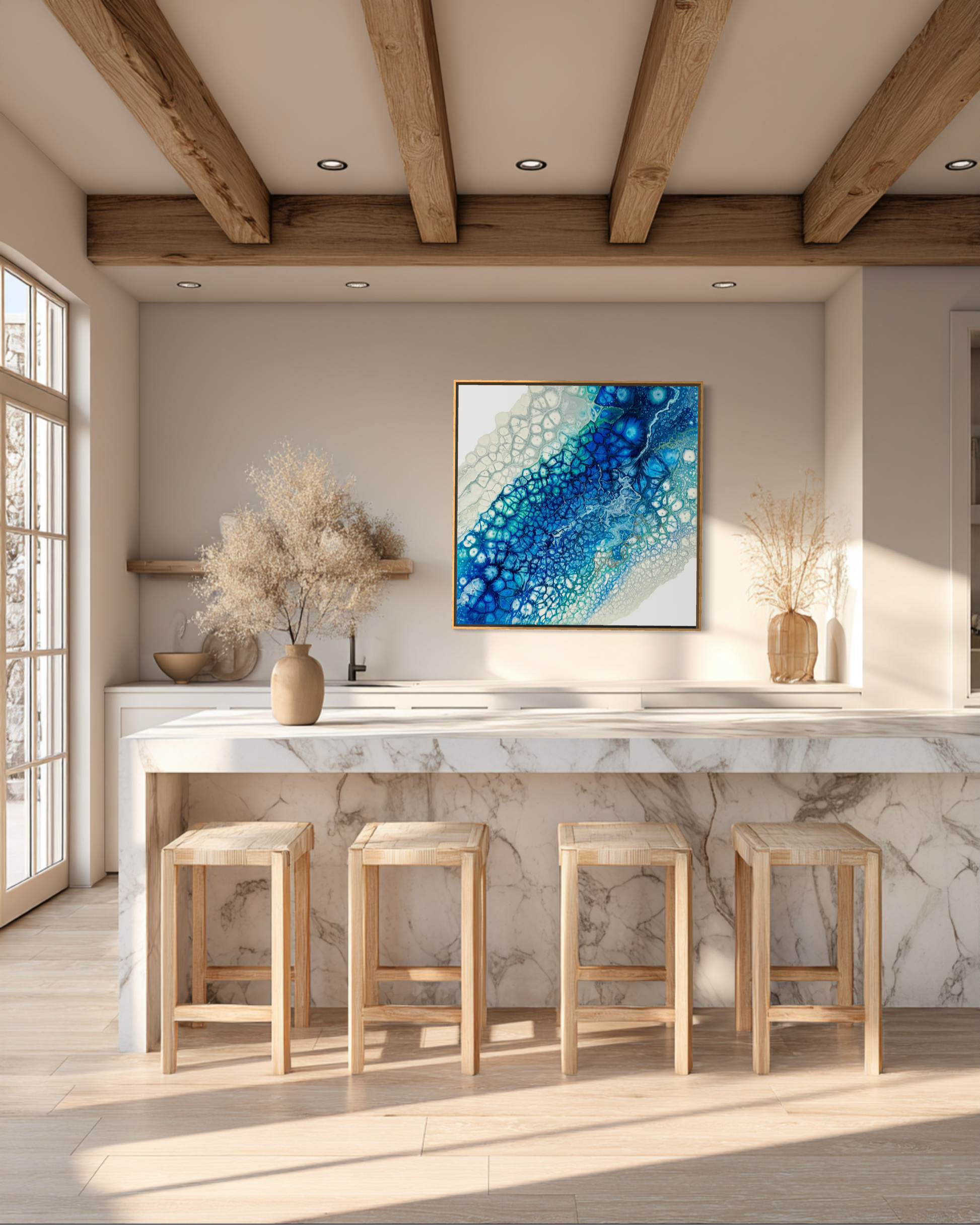 Blue canvas art print in oak frame. Coastal art.
