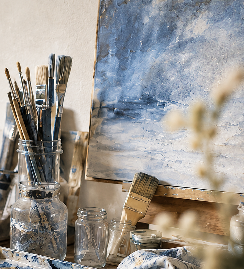 An artist's studio setup featuring a blue and white textured canvas on an easel, a glass jar filled with paint brushes, clear glass jars, a paint palette, and fabric cloths with blue and white paint splatters.