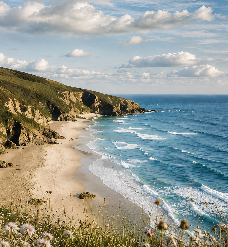 A scenic coastal landscape with a sandy beach, green cliffs, blue ocean waves, and a partly cloudy sky, with wildflowers in the foreground.