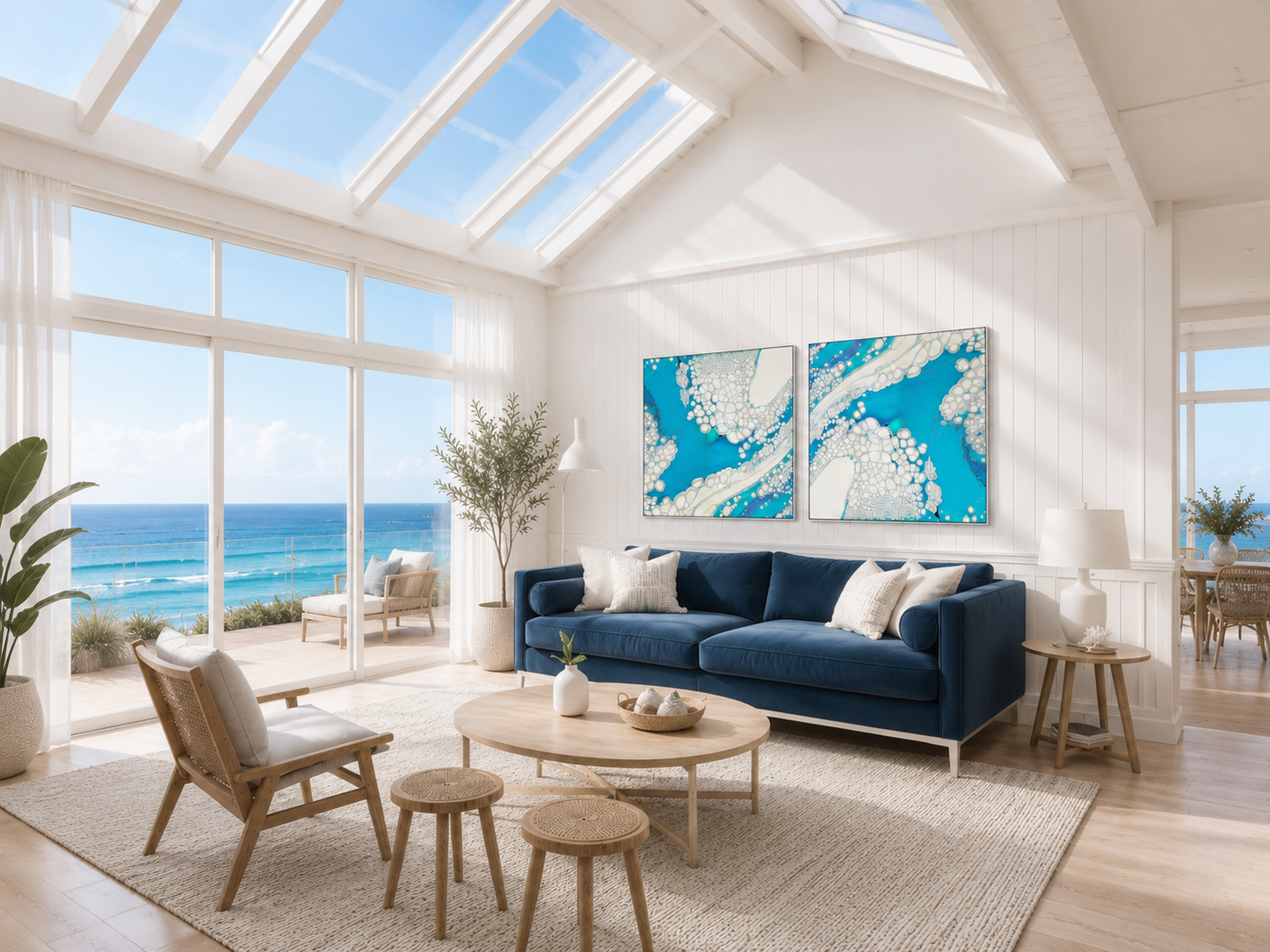 Modern living room with blue sofa, wooden chairs, and large windows overlooking the ocean.