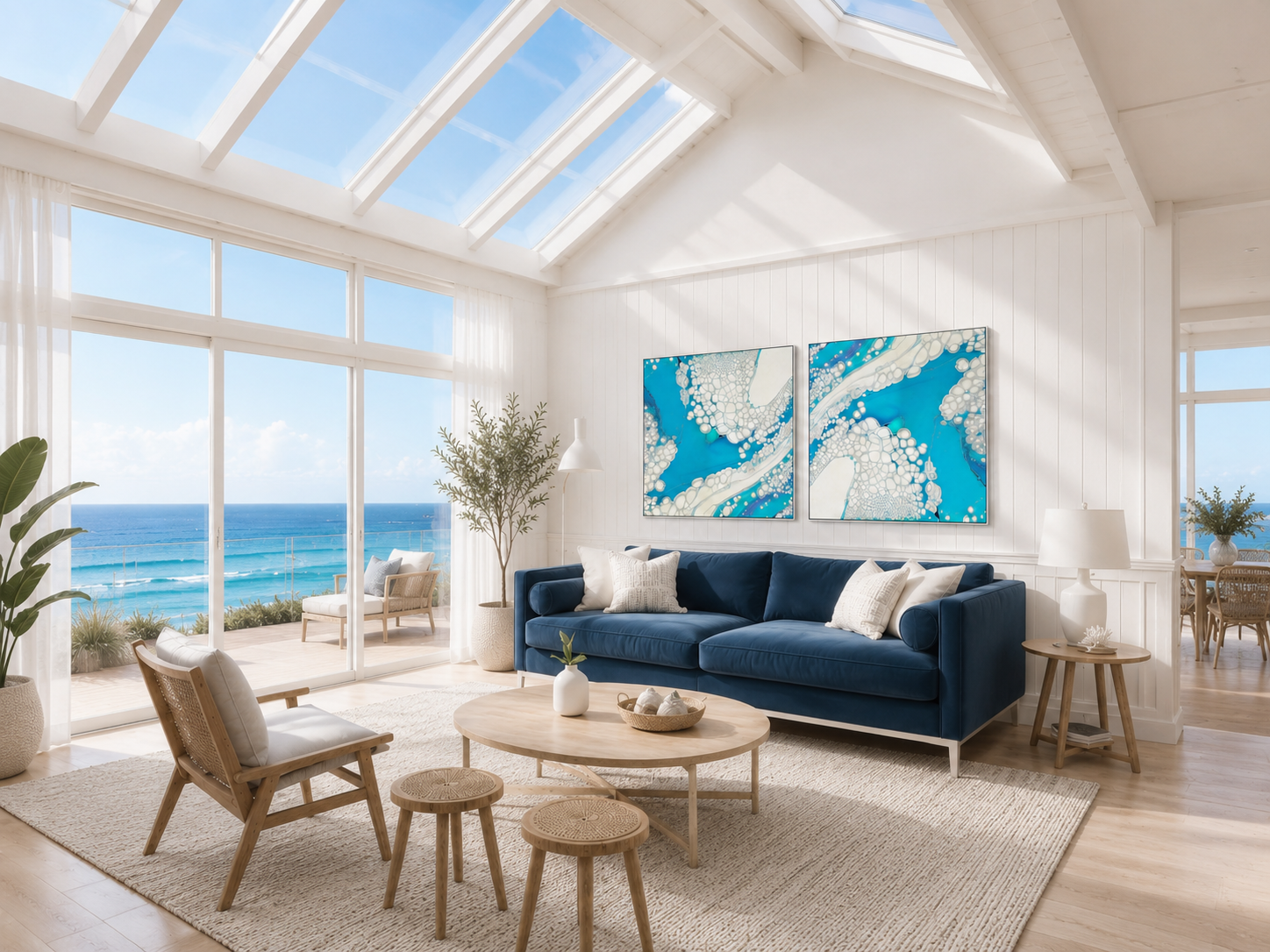 Modern living room with blue sofa, wooden chairs, and large windows overlooking the ocean.