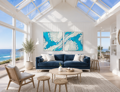 Modern living room with blue sofa, wooden coffee table, and ocean view