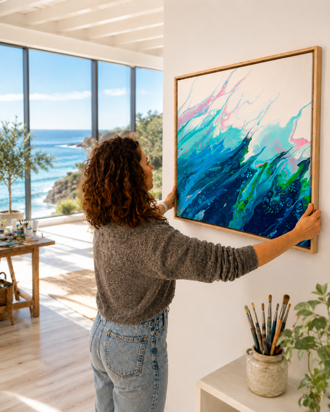 Person hanging a colorful abstract painting in a room with large windows and ocean view