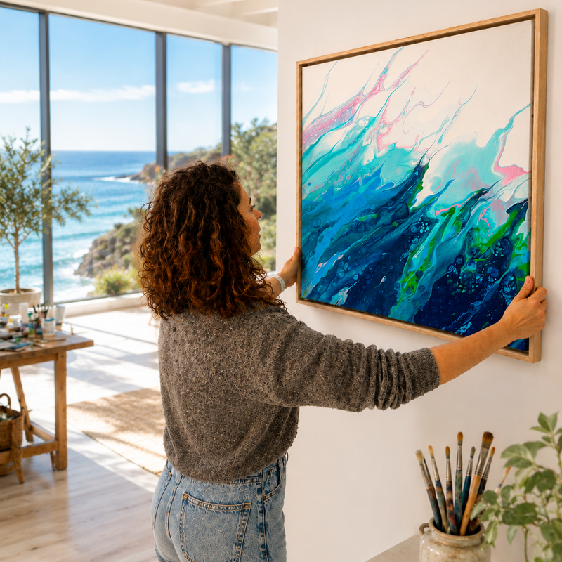 Person hanging a colorful abstract painting in a room with large windows and ocean view
