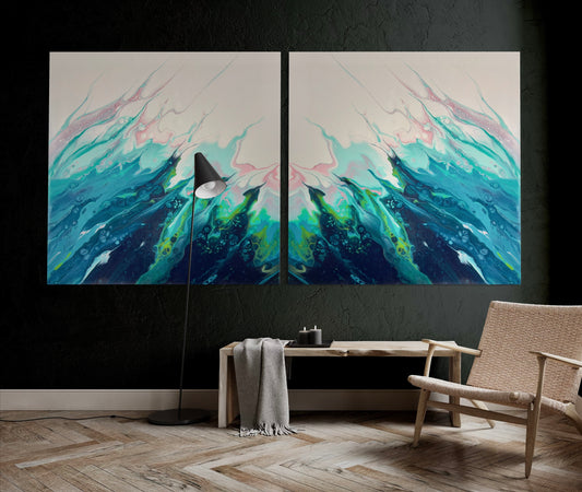 Modern Acrylic Canvas Print - Coastal Art in Blues, Greens and Pinks.  Wave, Sea, Ocean.