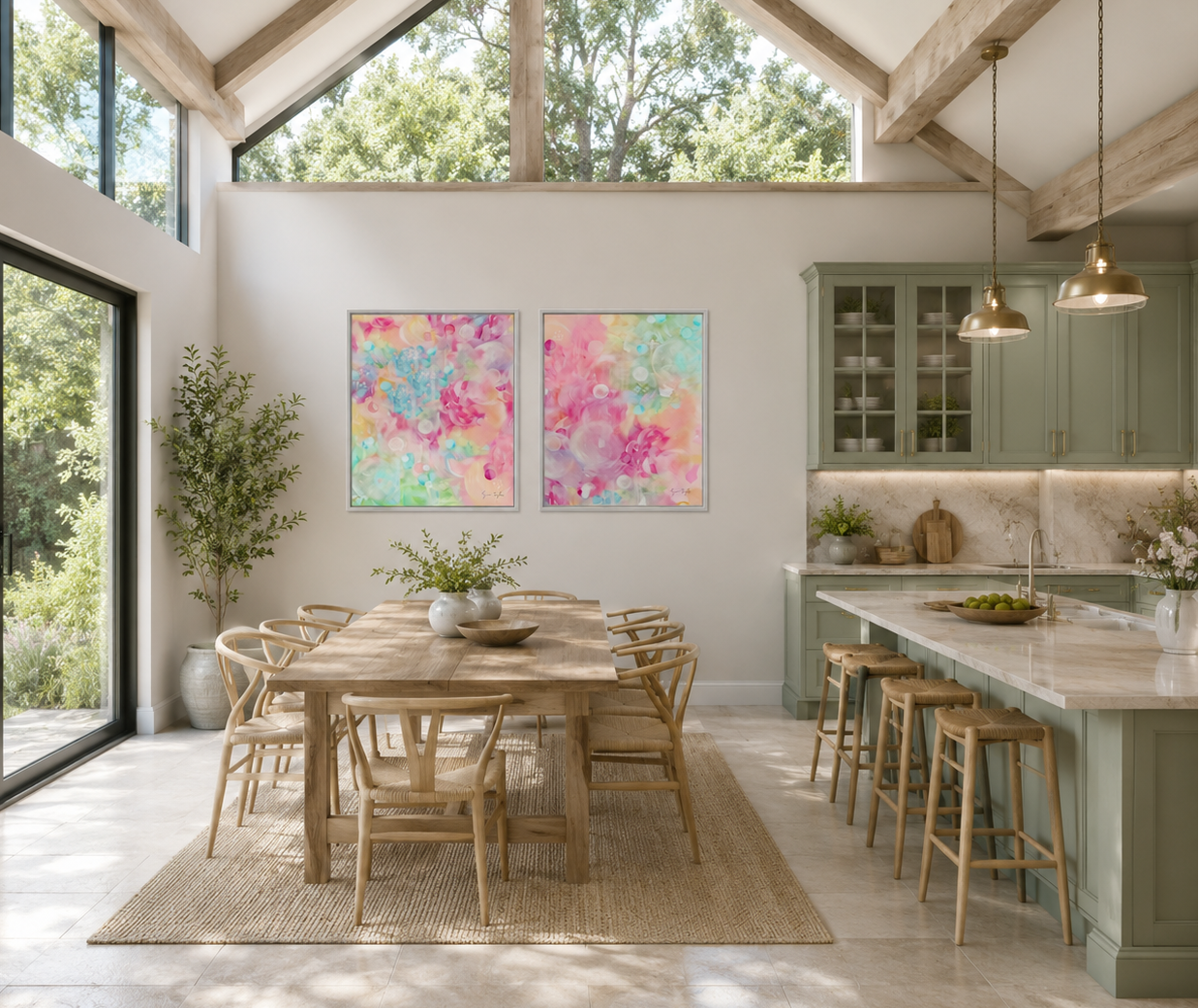 Modern kitchen with wooden dining table and chairs, colorful abstract art on the wall.