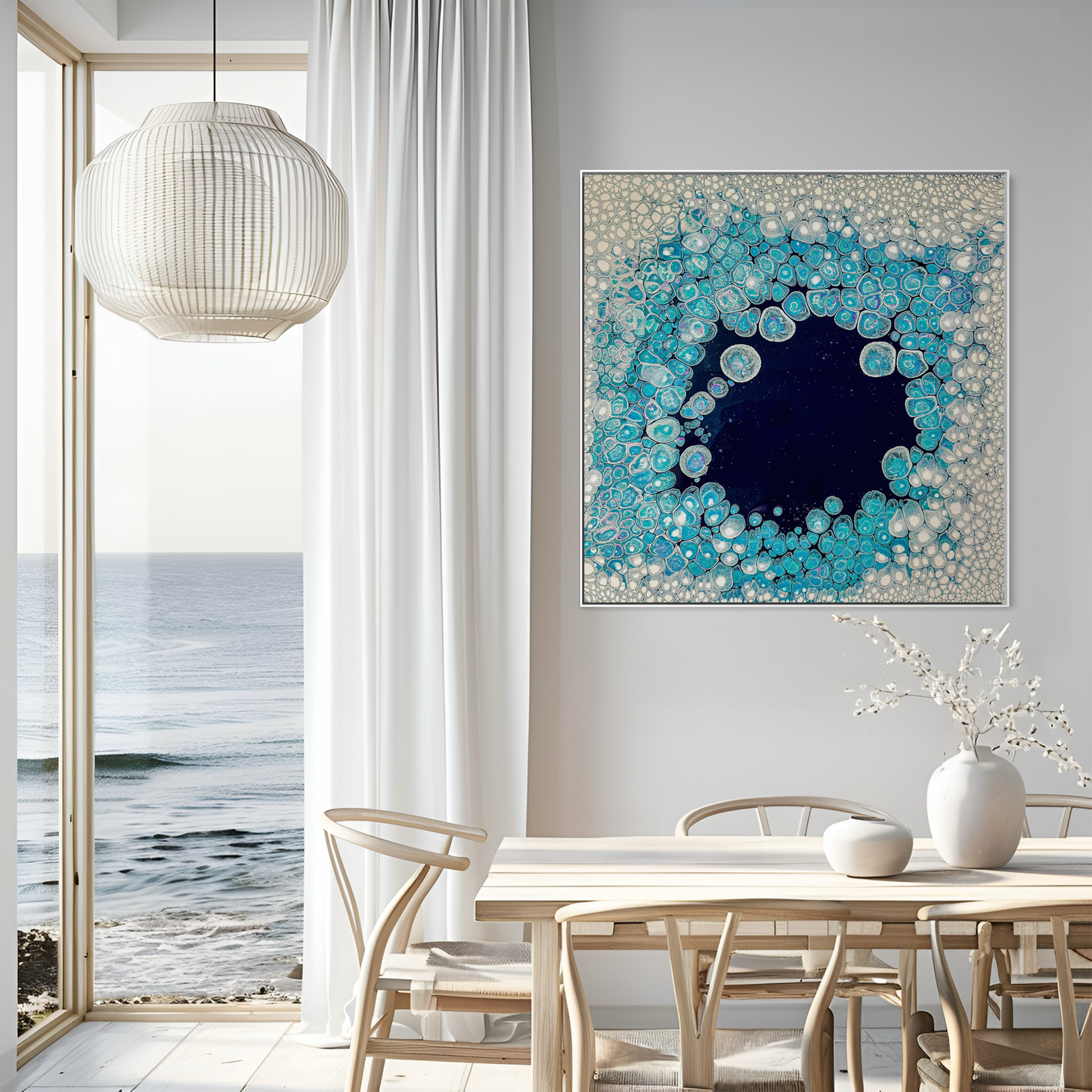 Ocean inspired abstract art in blue and white