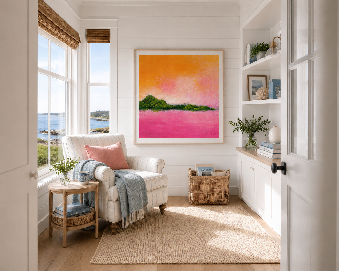 Cozy living room with a colorful painting on the wall, armchair, and window view.