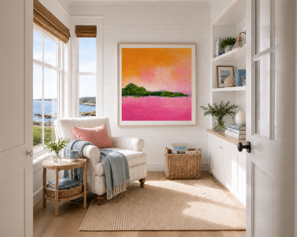 Cozy living room with a colorful painting on the wall, armchair, and window view.