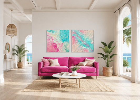 Modern living room with a pink sofa, colorful abstract art, and large windows.